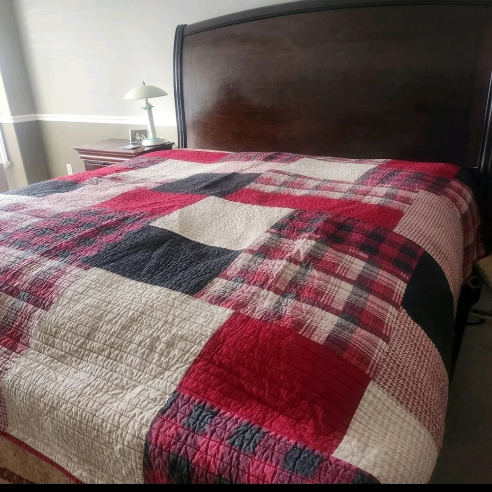WOOLRICH Quilt King Patchwork 3pc Red Black Vintage Bedding Shams 108x92 Cabin